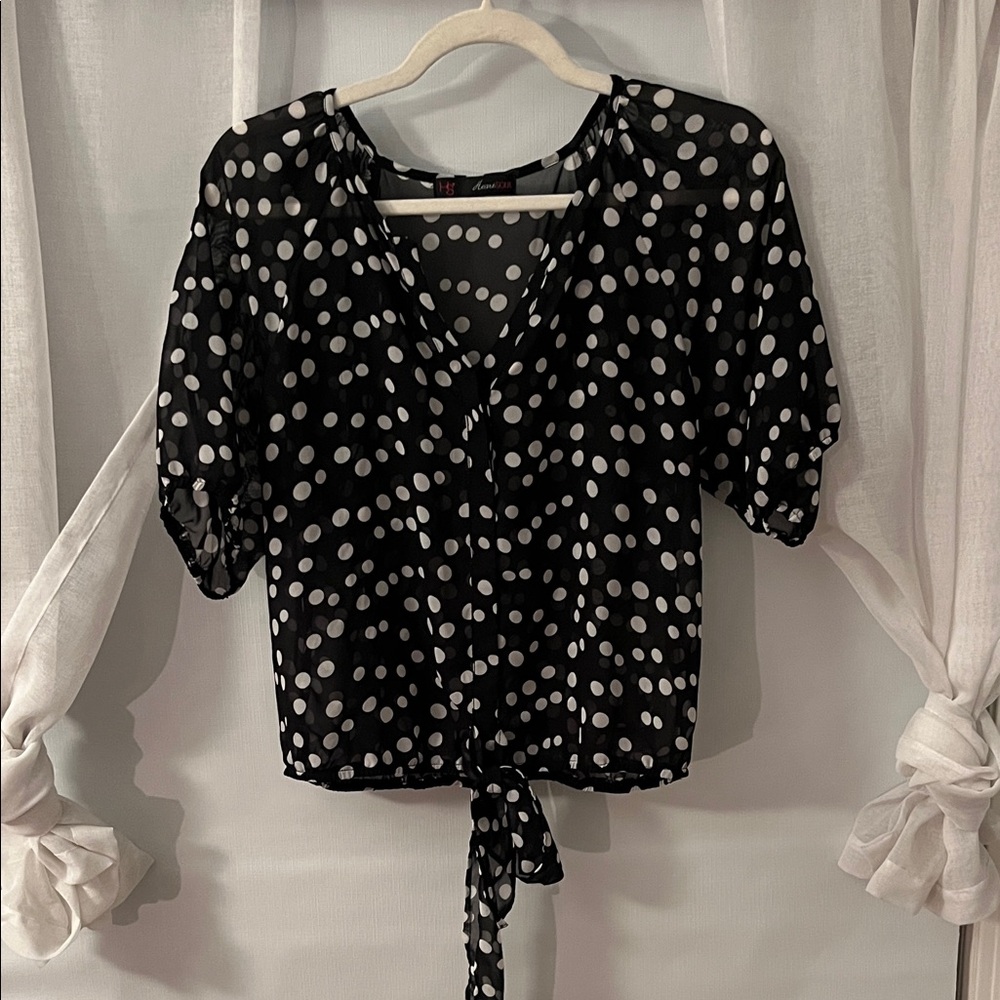Black and White Polka Dot Semi Sheer Blouse with front tie